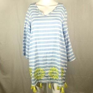 Buckley K Shirt Womens Sz S‎ Blue Striped Embroidered Cotton Tencel Fringe Tunic
